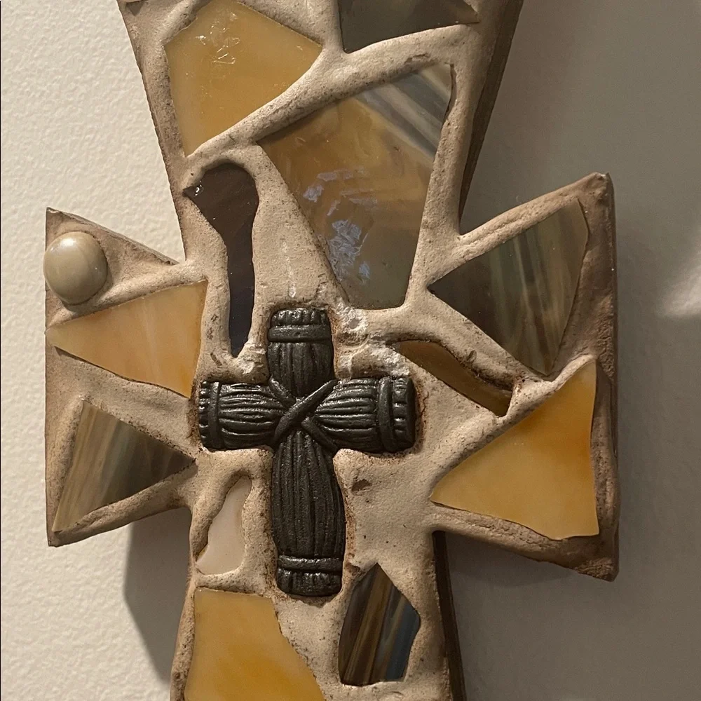 Mosaic Acrylic and Faux Cement Finish Wood Wall Cross Decor